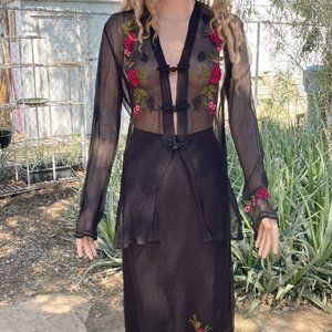 Carole Little Size 10 Embroidered Silk Two-piece Maxi Skirt and Top